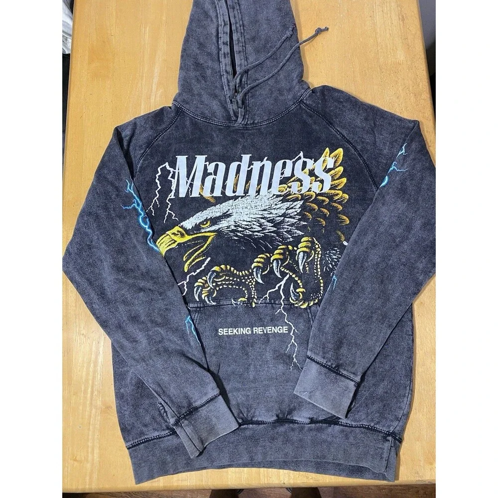 Pacsun Madness Lightning Strikes Eagle Hoodie Washed Gray Men Medium 20.5pit2pit - Picture 1 of 6